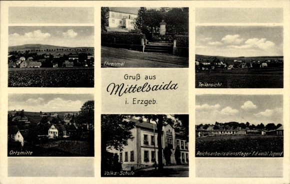 Ak Mittelsaida Großhartmannsdorf im Erzgebirge, Ehrenmal, RAD-Lager der weibl. Jugend, Volksschule