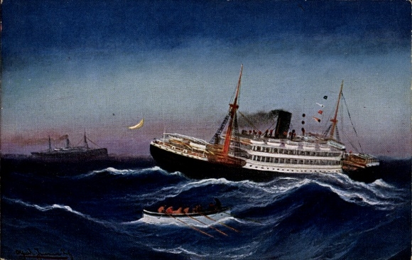 Artist Postcard steamship on the high seas, lifeboat, propeller shaft broken
