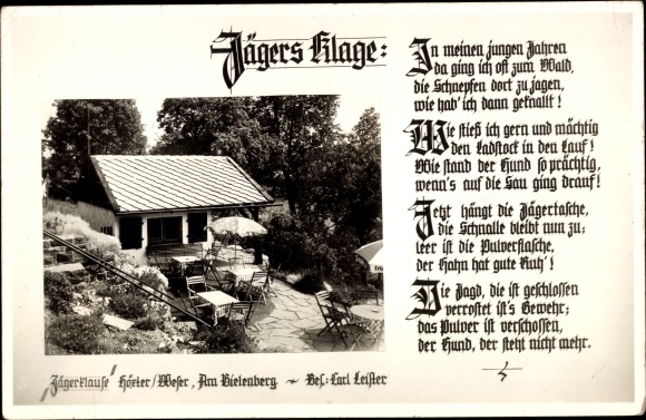 Postcard Höxter on the Weser, Jägerklause, Am Bielenberg, poem Jägers Klage