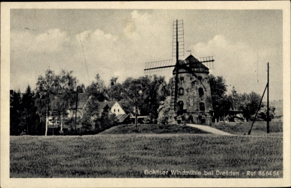 Postcard Dresden Gohlis, Gohlis Windmill