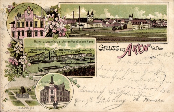 Litho Aken an der Elbe, Elektrizitätswerk, Hafen, Lagerhaus AG, Postamt, Bismarckeiche