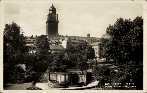 Postcard Plauen im Vogtland, Isidora Schmidt fountain, park, historic tower, trees