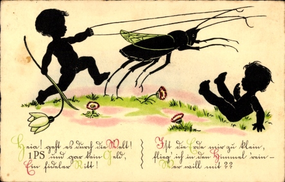 Paper cutting Postcard Children trying to catch a grasshopper