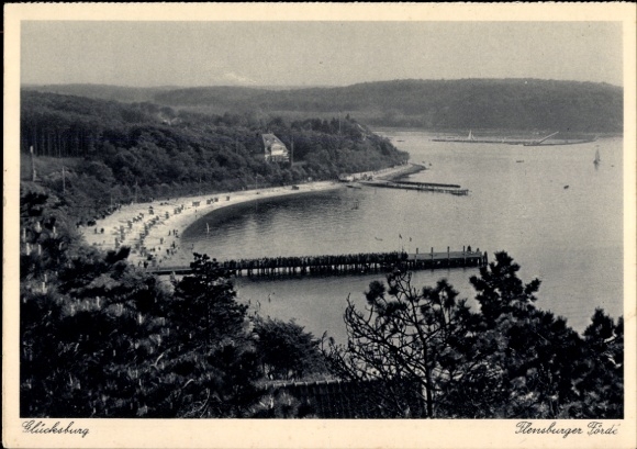 Postcard Glücksburg on the Baltic Sea, view of the Flensburg Fjord, people on the beach and on the s...