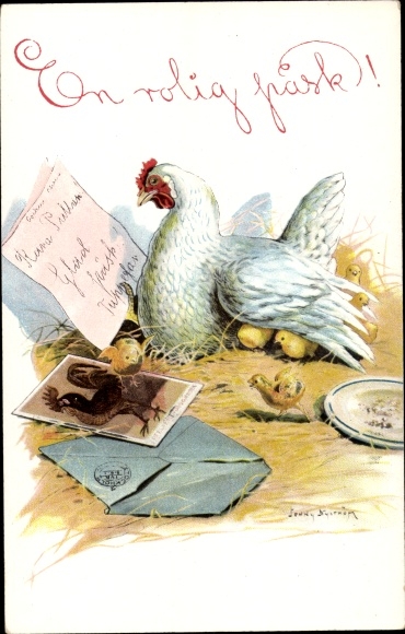 Artist PC Nyström, Jenny, congratulations Easter, hen with chicks, letter