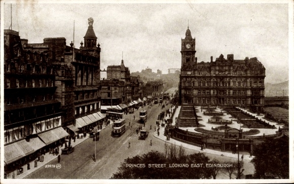 Postcard Edinburgh Scotland, Princes Street, view to the east, buildings, city view