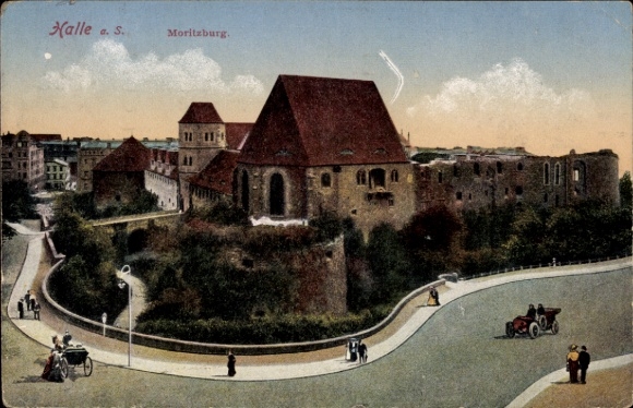 Postcard Halle an der Saale, Moritzburg, castle, landscape, people, vehicles