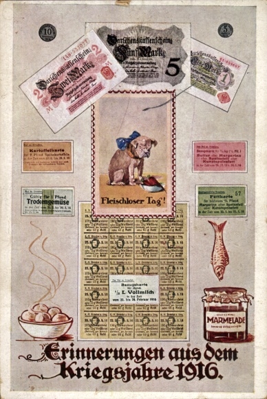 Postcard Memories from the war year 1916, fish, jam, banknotes