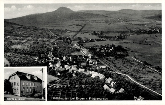 Postcard Mühlhausen Ehingen in Baden Württemberg, aerial photograph, Gasthaus z. Löwen
