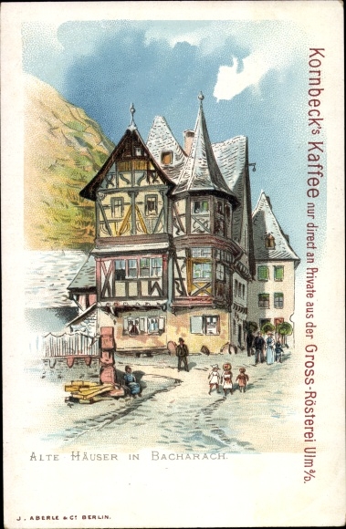 Chromo-Litho Bacharach am Rhein, old houses, advertising, Kornbeck&#39;s coffee roastery Ulm