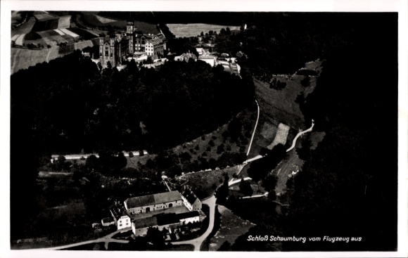 Postcard Balduinstein on the Lahn, Schaumburg Castle, aerial photograph
