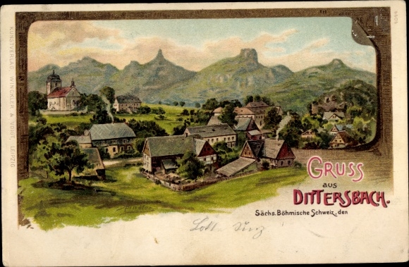 Artist Chromo-Litho Spindler, Erwin, Jetřichovice Dittersbach reg Aussig, village with a view of the landscape