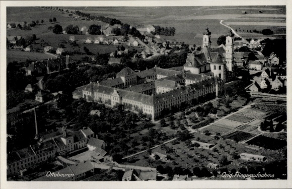 Postcard Ottobeuren in Upper Swabia Allgäu, aerial view of monastery complex, rural surroundings