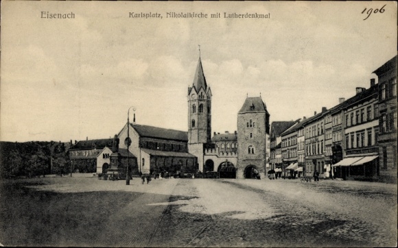 Postcard Lutherstadt Eisenach in Thuringia, Karlsplatz, Nikolaikirche, Lutherdenkmal