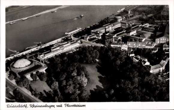 Postcard Düsseldorf am Rhein, aerial photograph, Rhine facilities, planetarium