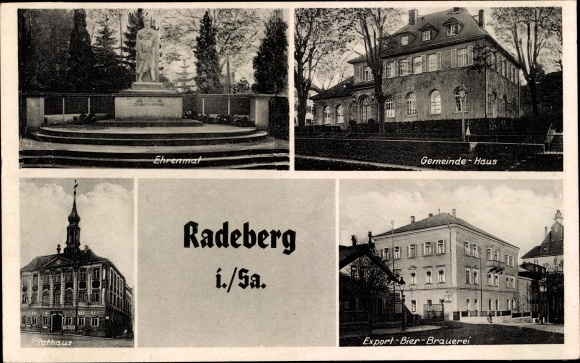 Postcard Radeberg Sachsen, memorial, community hall, town hall, export beer brewery