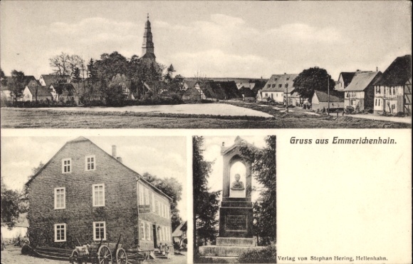Ak Emmerichenhain Rennerod, Denkmal, Kirchturm, Fuhrwerk, Gastwirtschaft