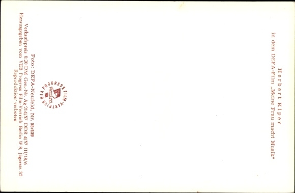 Postcard Actor Herbert Kiper, My Wife Makes Music, DEFA Film, Cook