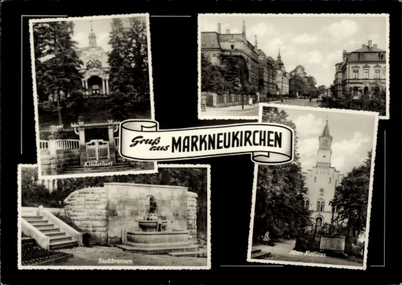 Postcard Markneukirchen im Vogtland, various views, day care center, town hall, town fountain