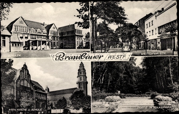 Ak Brambauer Lünen in Westfalen, scholen, openbaar park, kerk, Waltroper Strasse