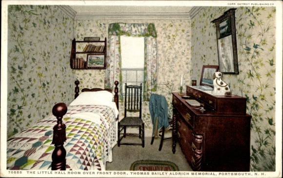 Ak Portsmouth New Hampshire USA, Thomas Bailey Aldrich Memorial, Lesser Hall boven de voordeur
