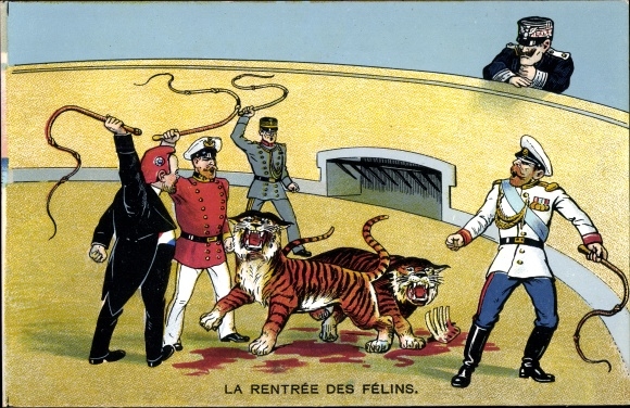 Postcard La Rentrée des Felins, Tigers in an Arena, European Heads of State