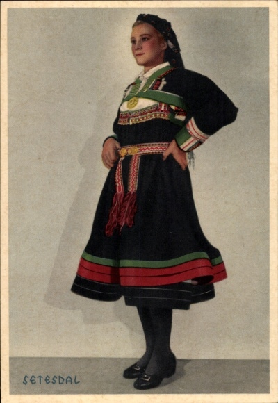 Postcard Setesdal Norway, woman in Norwegian costume