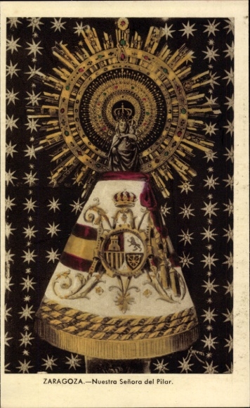 KP Zaragoza Saragossa Aragon, przedstawienie Virgen del Pilar, złota aureola, królewska