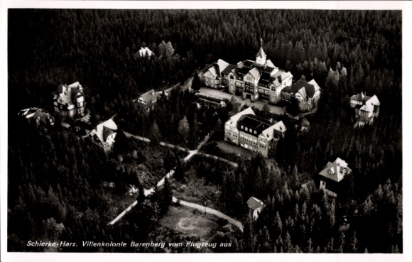 Postcard Schierke Wernigerode in the Harz, aerial photograph of the villa colony Barenberg, forest landscape, black