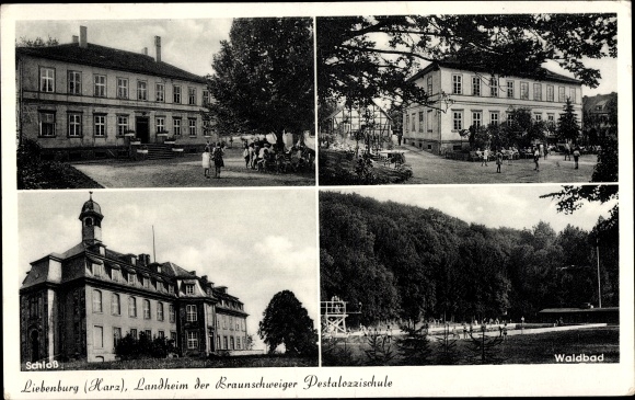 Ak Liebenburg Harz, Schullandheim, Landheim der Braunschweiger Pestalozzischule, Schloss, Waldbad