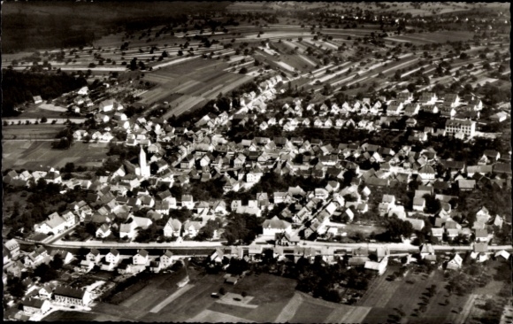 Postcard Langensteinbach Karlsbad in Baden, aerial view of a village, many houses, fields, church sic