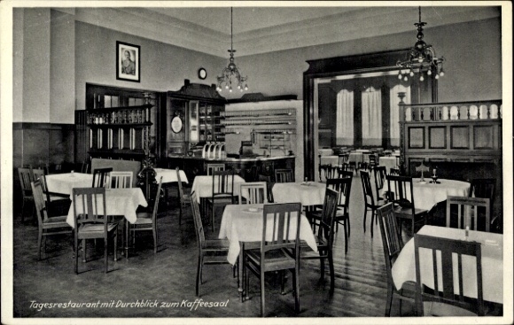 Ansichtkaart Berlijn Tempelhof Mariendorf, restaurant Seebad, binnenaanzicht, Ullsteinstrasse, portret van Hitler