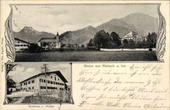 Passepartout Postcard Reisach Oberaudorf in Upper Bavaria, partial view, inn