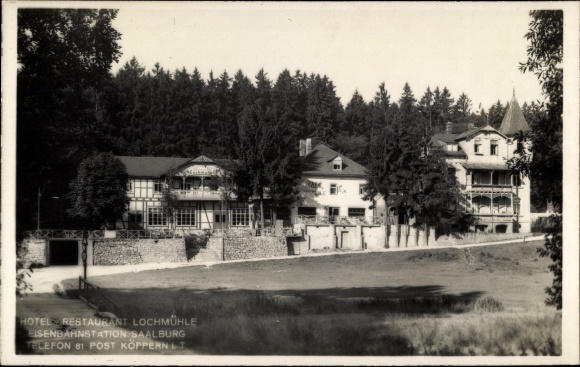 Postcard Köppern Friedrichsdorf im Taunus, Saalburg train station, hotel and restaurant Lochmühle