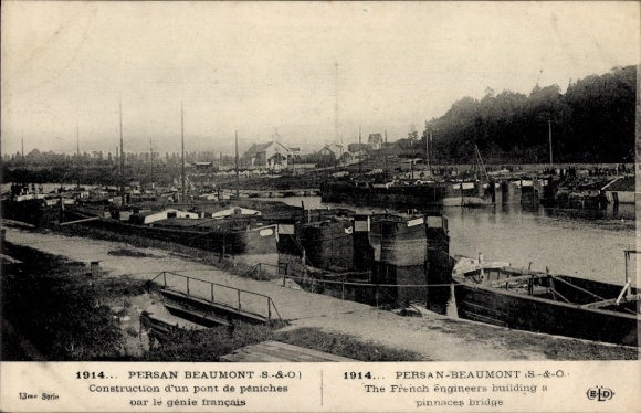 Ak Persan Beaumont Val-d’Oise, Bau eines Pontonbrücke, französische Ingenieure, Schiffe