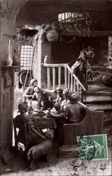 Artist Postcard Mastroianni, Domenico, congratulations Christmas, family, farmhouse, dog, table