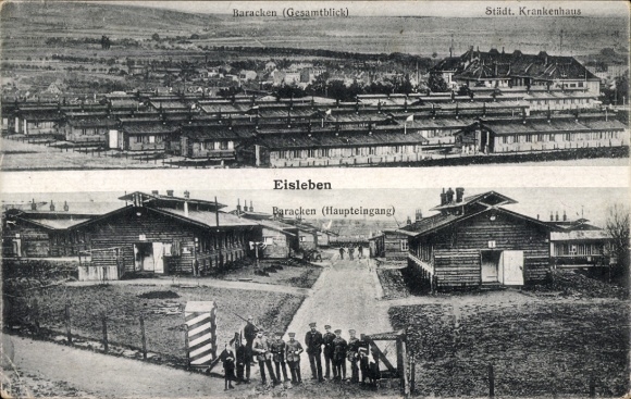 Postcard Lutherstadt Eisleben, barracks general view, municipal hospital, main exit