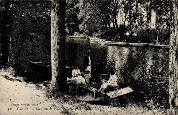Ak Torcy Seine et Marne, un Coin de Peche, Ruderboot, Angler