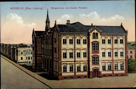 Postcard Mügeln in Saxony, public school, imperial post office
