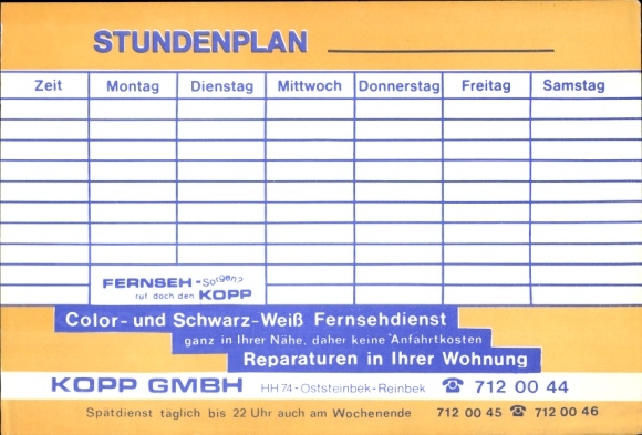 Timetable Kopp GmbH Hamburg Rahlstedt &amp; Reinbek, television service around 1960/70