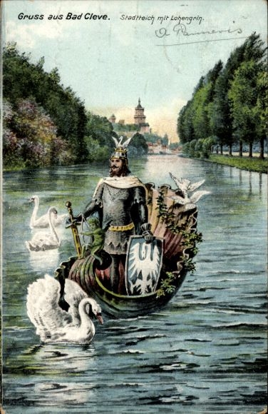 Ansichtkaart Bad Kleef Kleve aan de Nederrijn, stadsvijver, Lohengrin, Zwanenridder