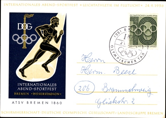 Postcard ATSV Bremen 1860, Weserstadion, International Floodlit Athletics Festival 1956, Olympic Day