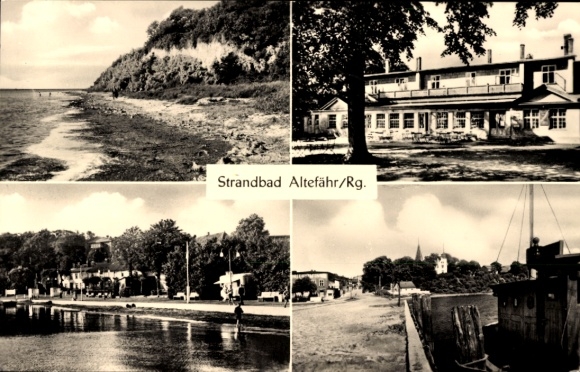 Ak Altefähr op het eiland Rügen, uitzicht op het lido, hoofdgebouw, strand