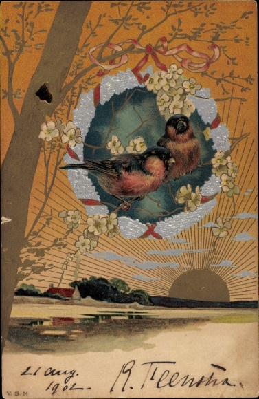 Ciseleer Sunshine litho Birds, zilveren krans, bloesems
