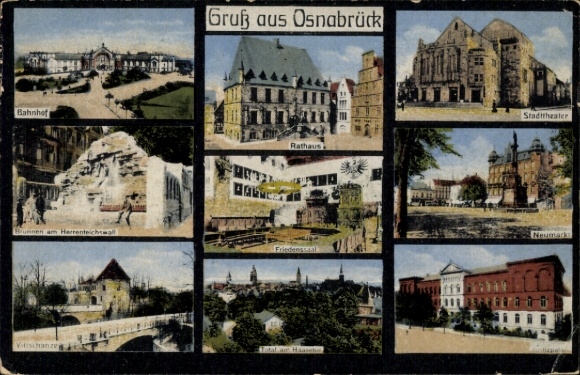 Ak Osnabrück in Niedersachsen, Bahnhof, Rathaus, Stadttheater, Neumarkt, Friedenssal, Brunnen, Vi
