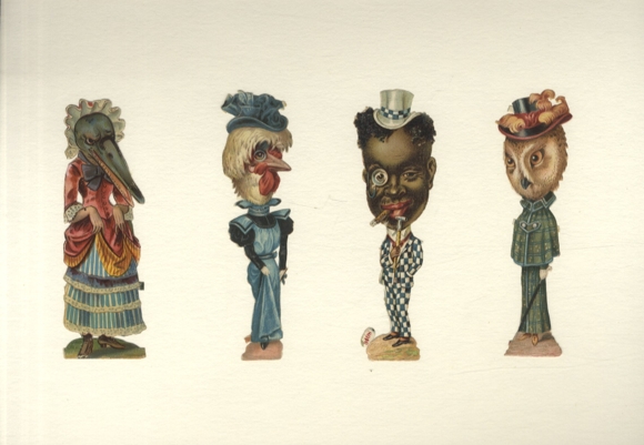 4 karykatury waflowe, ptaki w ludzkim ubraniu, ciemnoskóry mężczyzna, cylinder, każda o wymiarach ok. 12 x 3 cm