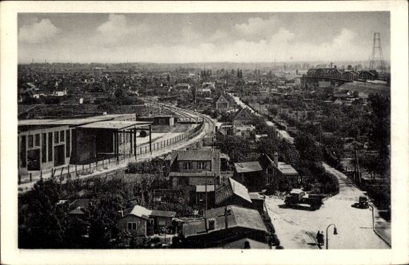 Ansichtkaart Hamburg Bergedorf Moorfleet, panorama, vrachtwagen, brug, spoorlijnen