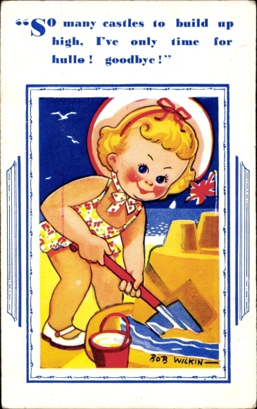 Artist Postcard Wilkin, Rob, girl builds a sandcastle on the beach