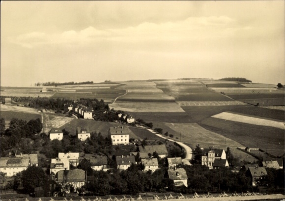 Postcard Gelenau in the Ore Mountains, landscape with fields, village, partly wooded
