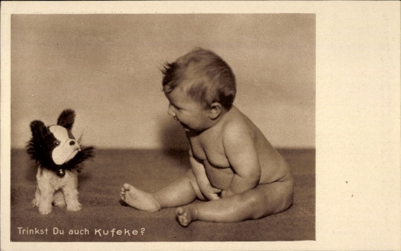 Postcard Do you also drink Kufeke?, baby food, advertising, toddler with stuffed dog